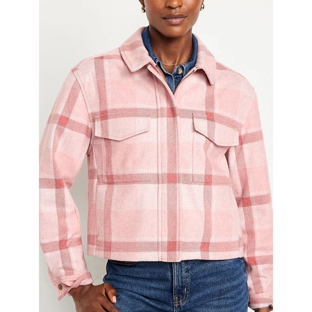 Old Navy Pink Plaid Relaxed Shirt Jacket Full Zip Cropped Utility Shacket M - Picture 3 of 12